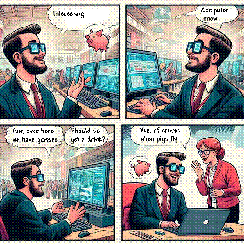 3 panel illustrated comic with a man at a computer convention, wearing smart glasses, and speaking to a woman with the text When pigs fly